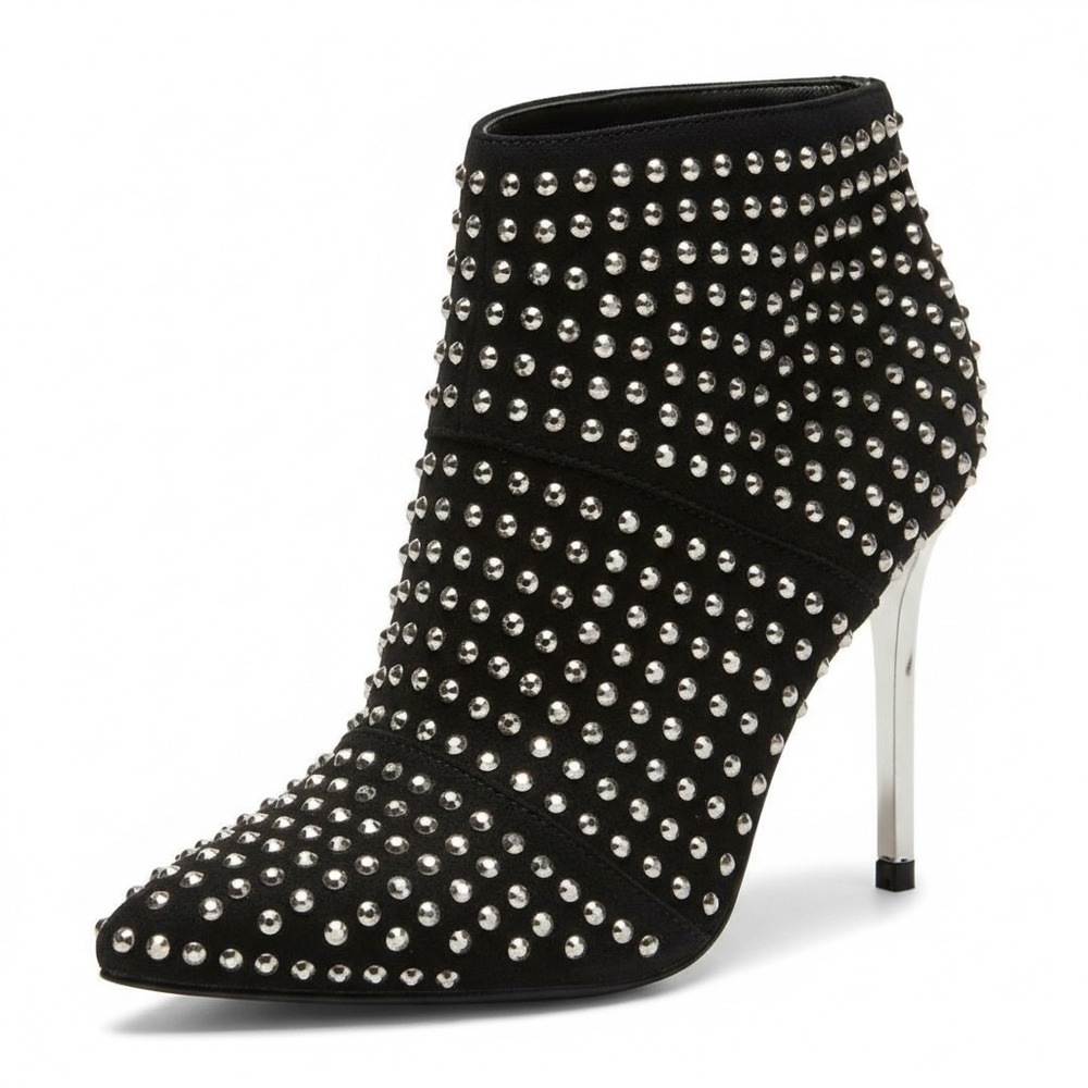 Steve Madden Black Studded Ankle Booties Pointed Toe Stiletto Silver Studs